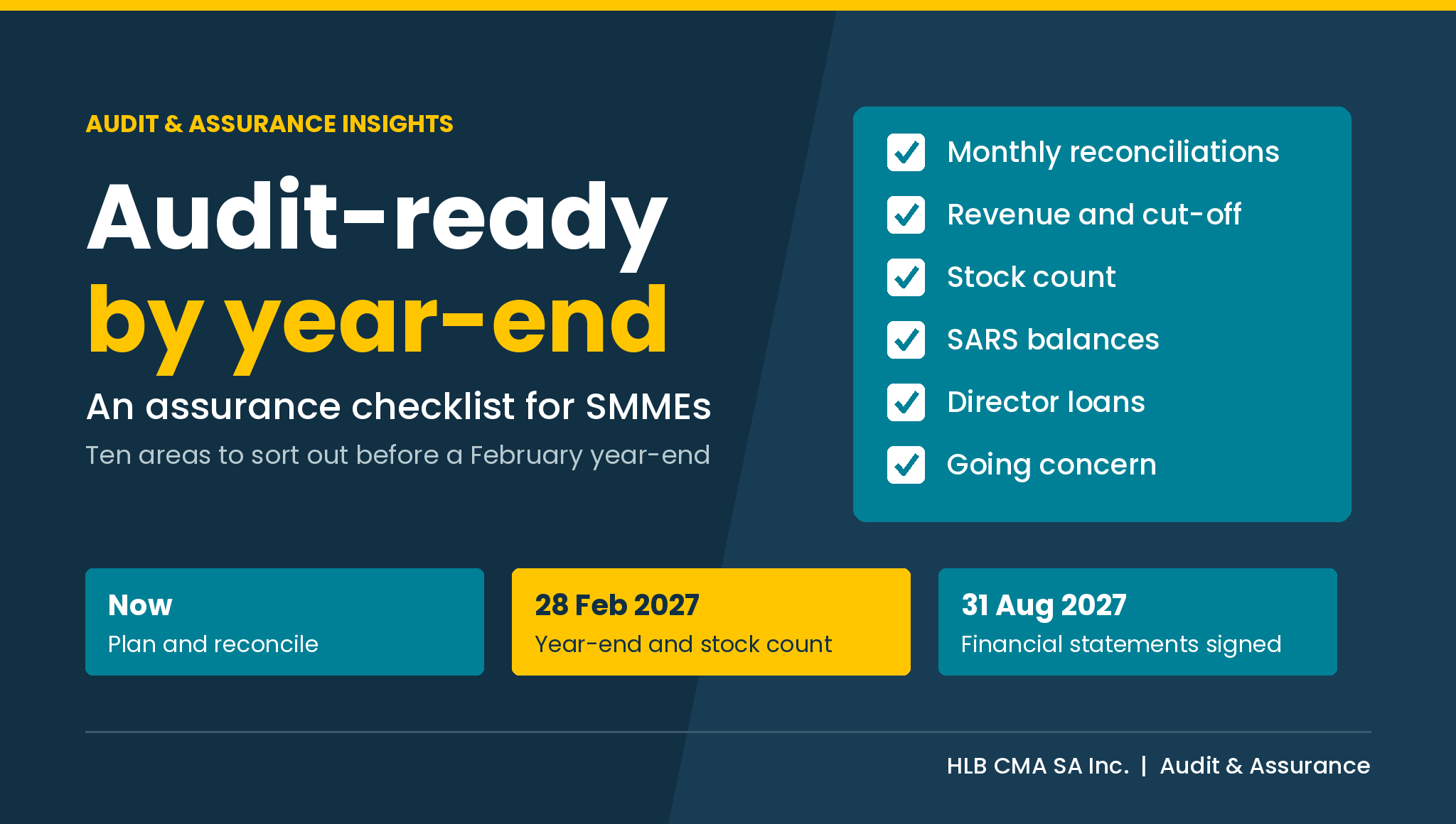 Audit-ready by year-end: an assurance checklist for SMMEs. HLB CMA SA Inc. Audit and Assurance.
